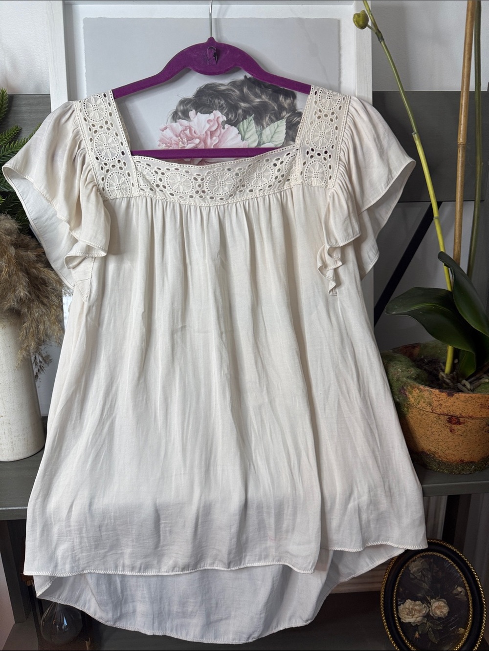 Joie Cream Crochet Yoke Flutter Sleeve Blouse
